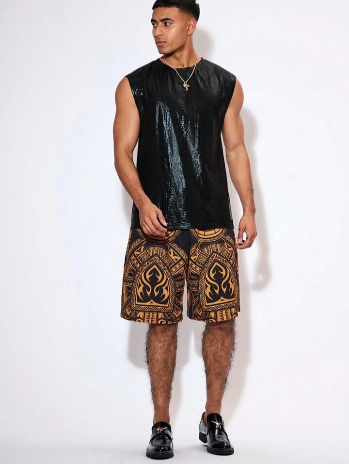 Men's Festival Clothing Knitted Leisure Snake Skin Print Pu Leather Fashion Broad Shoulder Black Plain Disco Sleeveless Tank Top
